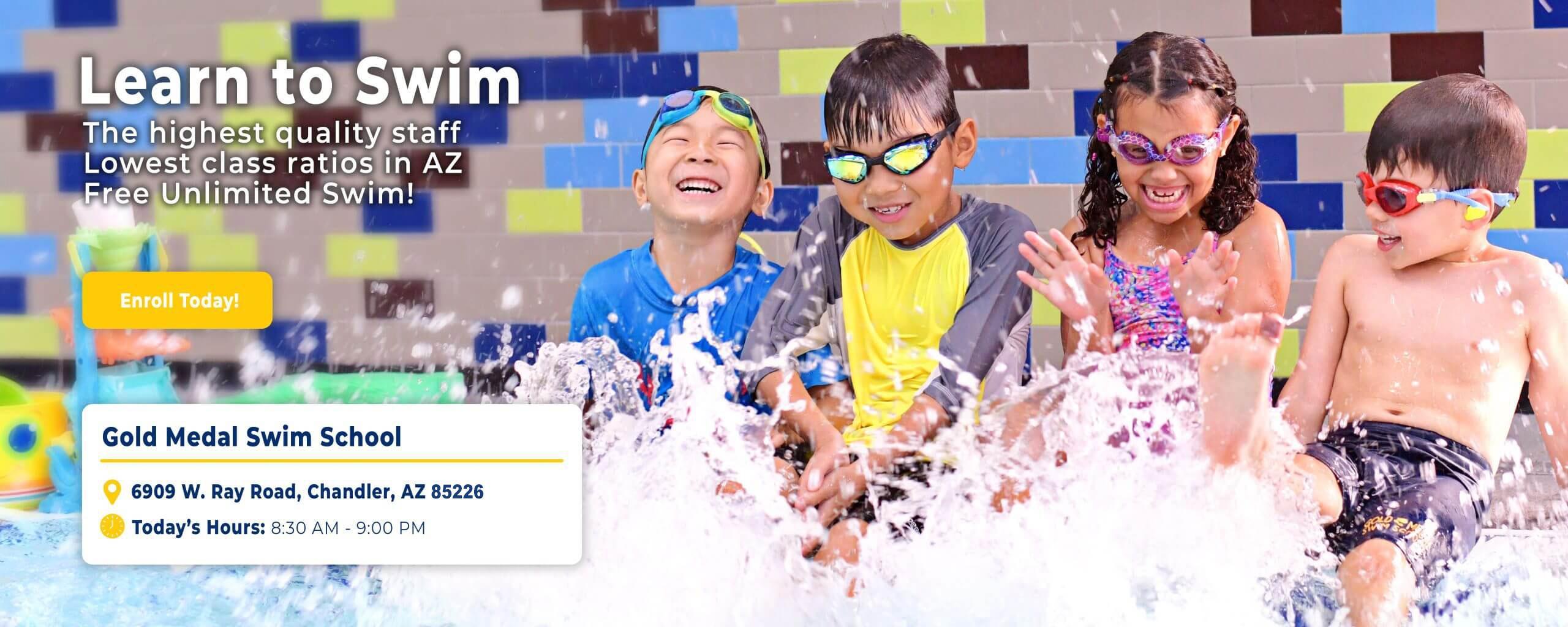 Four children in swimsuits and goggles sit at the edge of a pool, splashing water and laughing. The background features a colorful tiled wall. The image promotes swimming lessons at Gold Medal Swim School in Chandler, AZ, with details for enrollment.