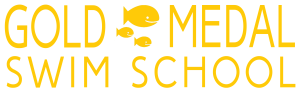 Logo for Gold Medal Swim School with the words "Gold Medal Swim School" in yellow text. Three yellow fish are swimming to the right, forming the “O” in “Gold” and part of “Medal.” Black background.