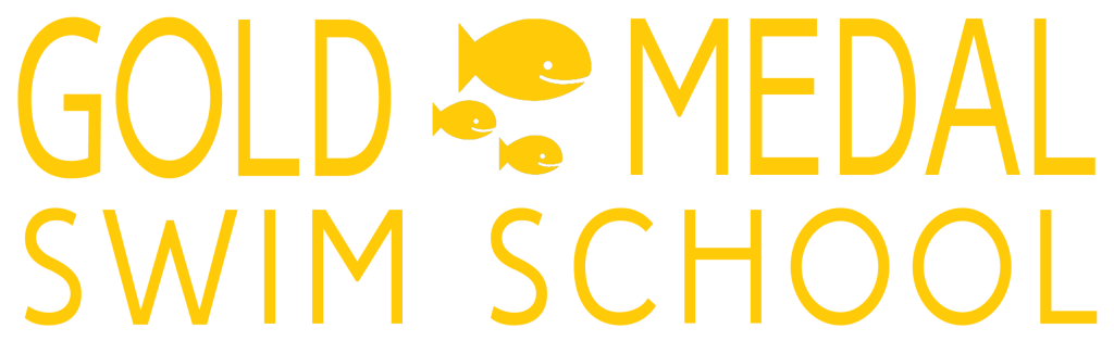 Gold Medal Swim School logo with yellow text and three yellow fish, one large and two small, swimming between the words "Gold" and "Medal.